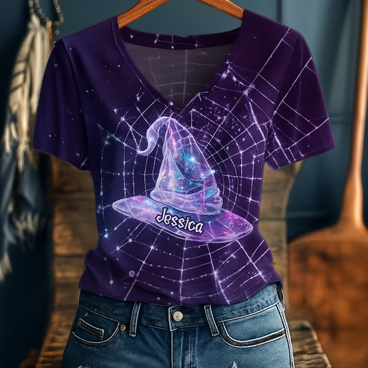 Beautiful Witch Hat In Spider Web - Personalized Witch Fully Printed V-Neck T-Shirt