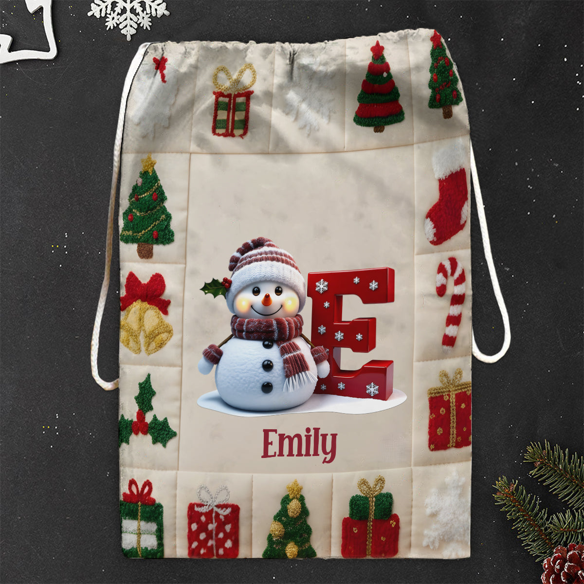 Alphabet SnowmanPresents Bag - Personalized Family Drawstring Tote Bag