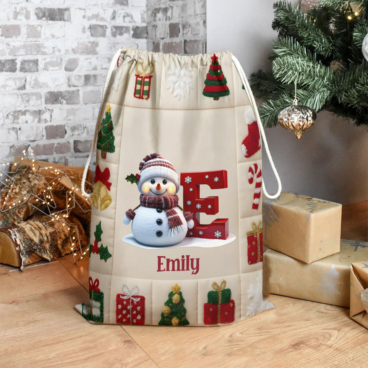 Alphabet SnowmanPresents Bag - Personalized Family Drawstring Tote Bag