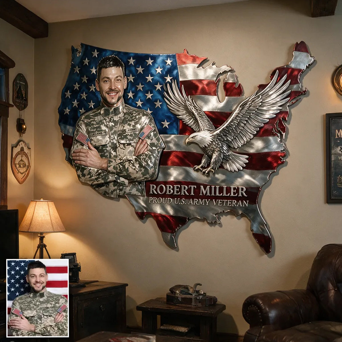 Custom Photo USA Flag Metal Sign, Personalized American Eagle Wall Art, Gift For Him/ Veteran/ Police/ Firefighter... - Personalized Real Men 3D Printed Cut Metal Sign