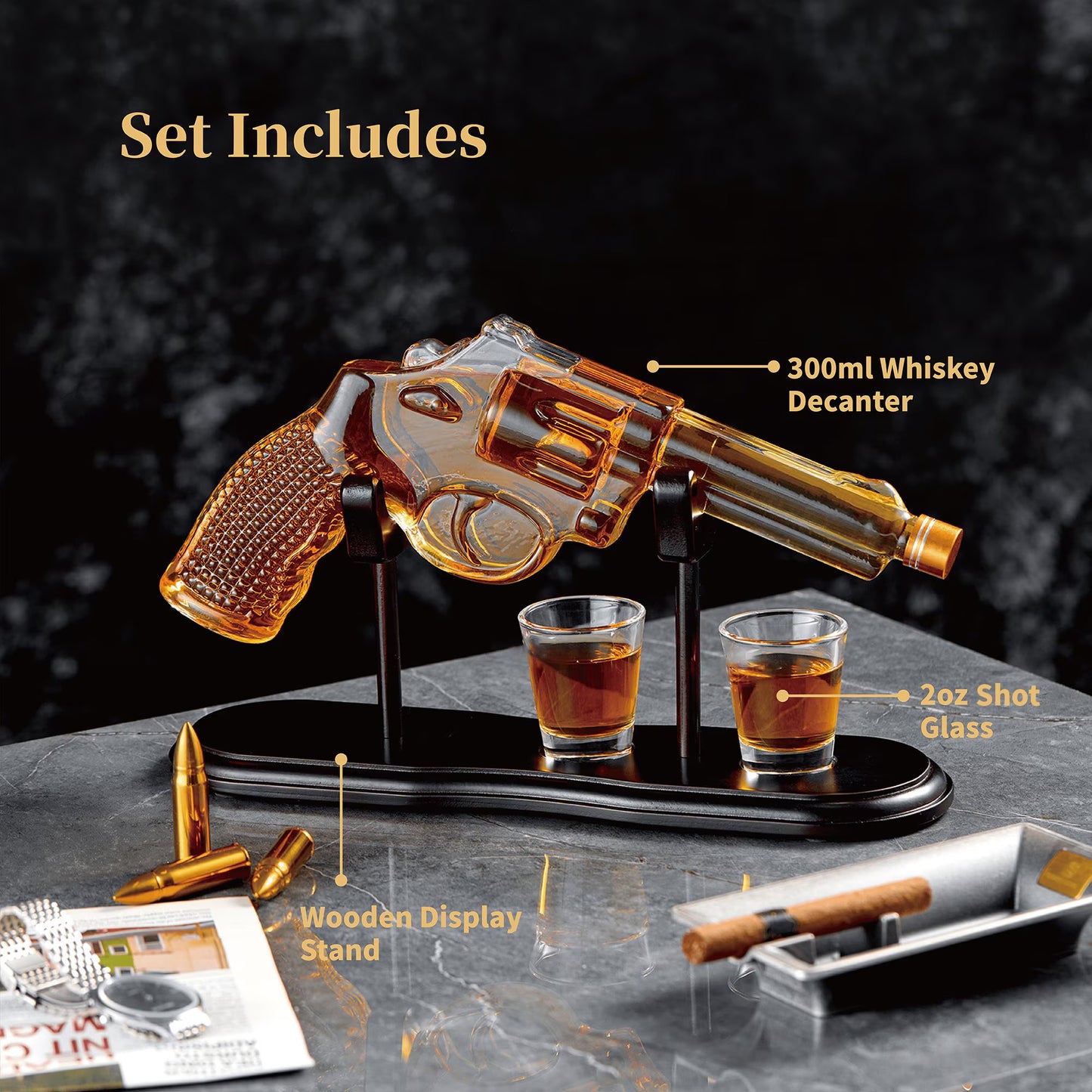 Gun Whiskey Decanter Set with Two Shot Glasses