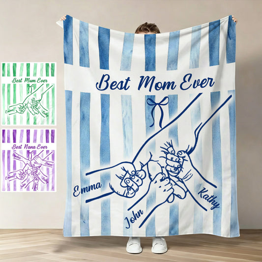 Best Mom Ever Hands Holding Retro Pastel Stripes - Personalized Mother Blanket
