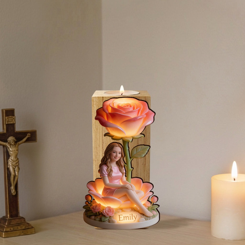 Custom From Photo And Flower - Personalized Self Love Custom Shape Wooden Candle Holder