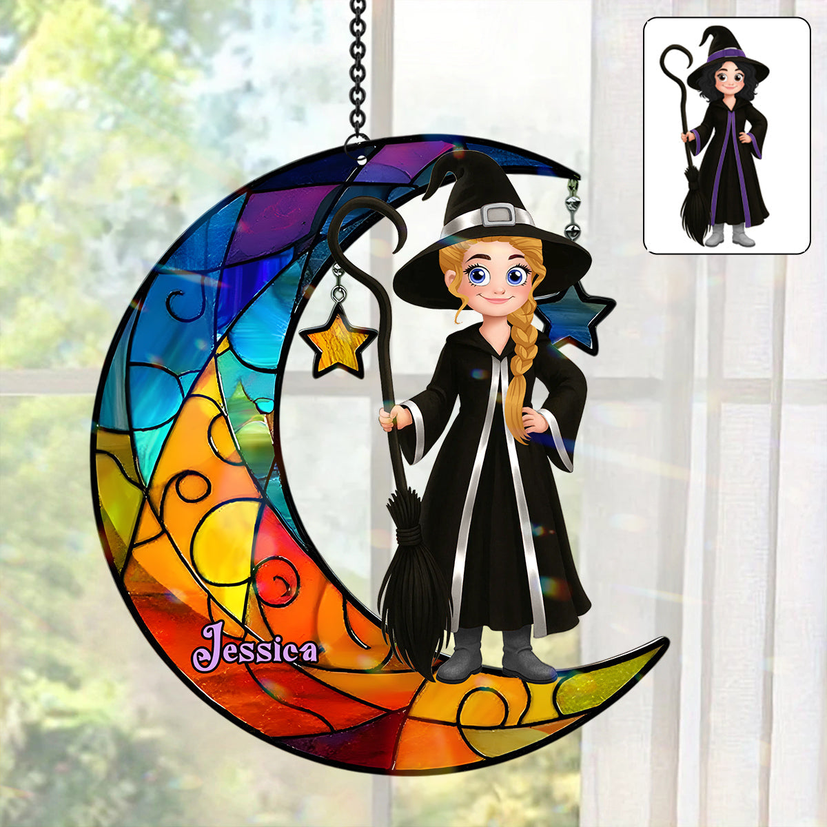 Beautiful Witch And Moon - Personalized Witch Window Hanging Suncatcher Ornament