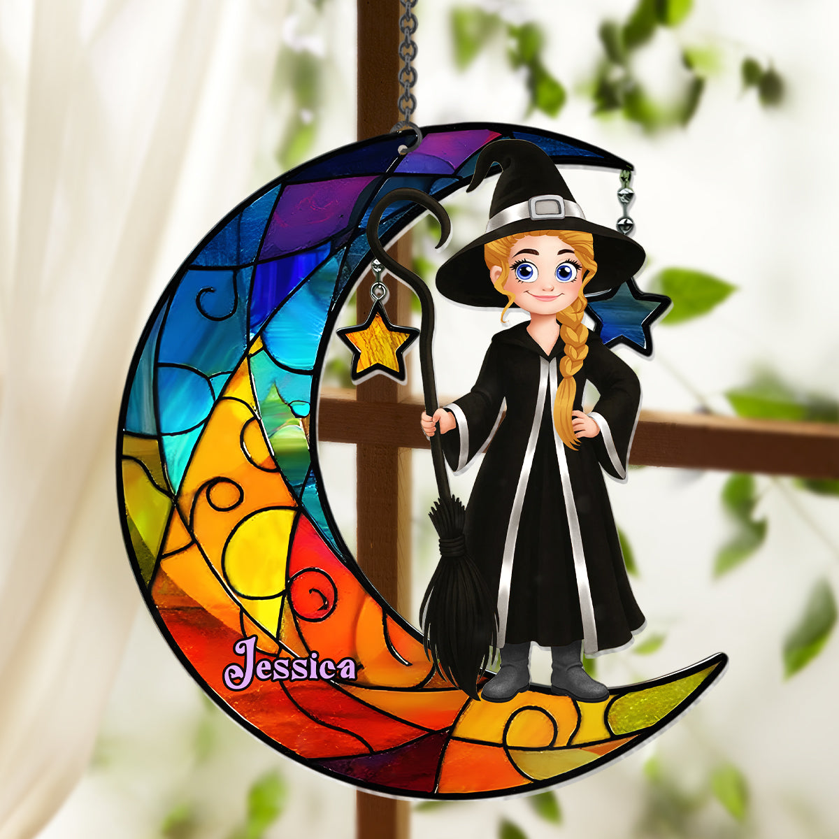 Beautiful Witch And Moon - Personalized Witch Window Hanging Suncatcher Ornament