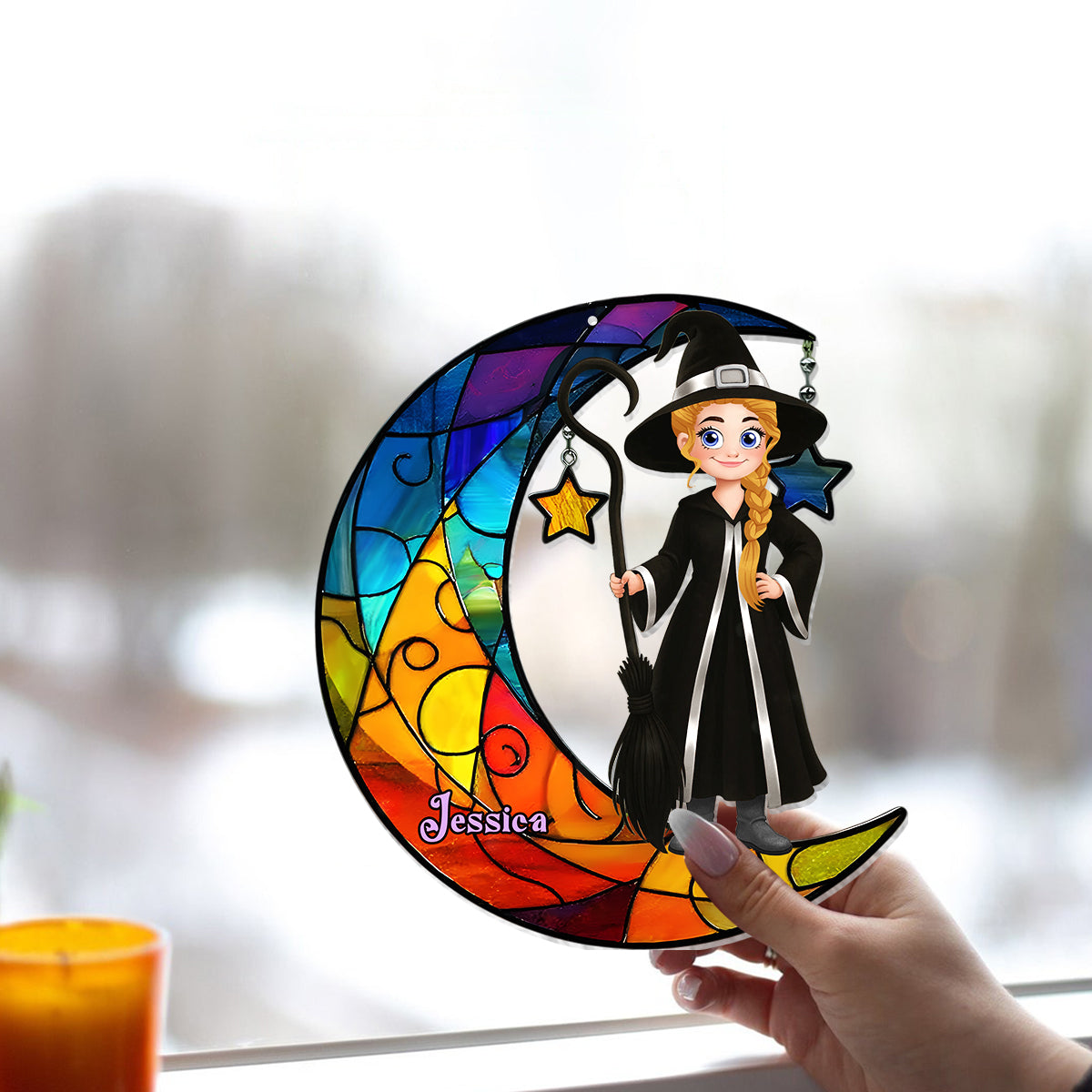 Beautiful Witch And Moon - Personalized Witch Window Hanging Suncatcher Ornament