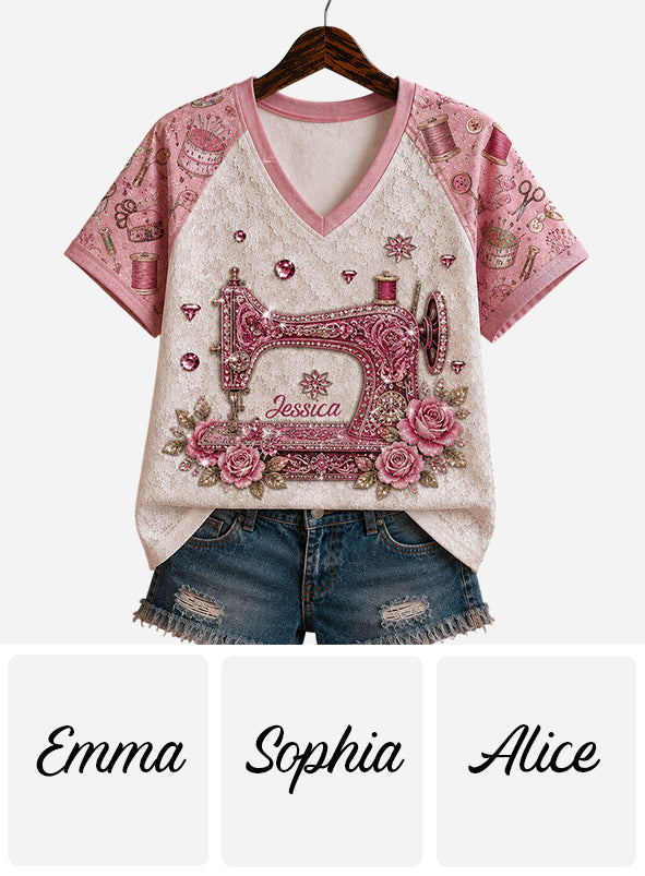 Love Sewing - Personalized Sewing Fully Printed V-Neck T-Shirt
