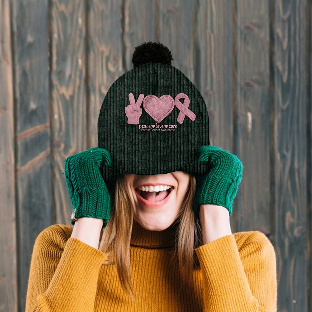 Peace Love Cure Pink Ribbon - Personalized Breast Cancer Awareness Beanie Hat