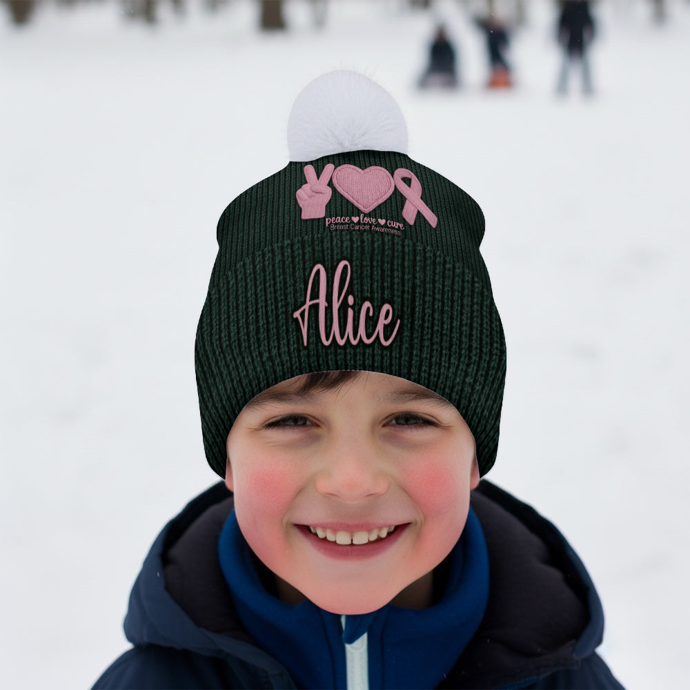 Peace Love Cure Pink Ribbon - Personalized Breast Cancer Awareness Beanie Hat