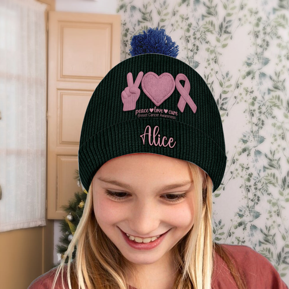 Peace Love Cure Pink Ribbon - Personalized Breast Cancer Awareness Beanie Hat