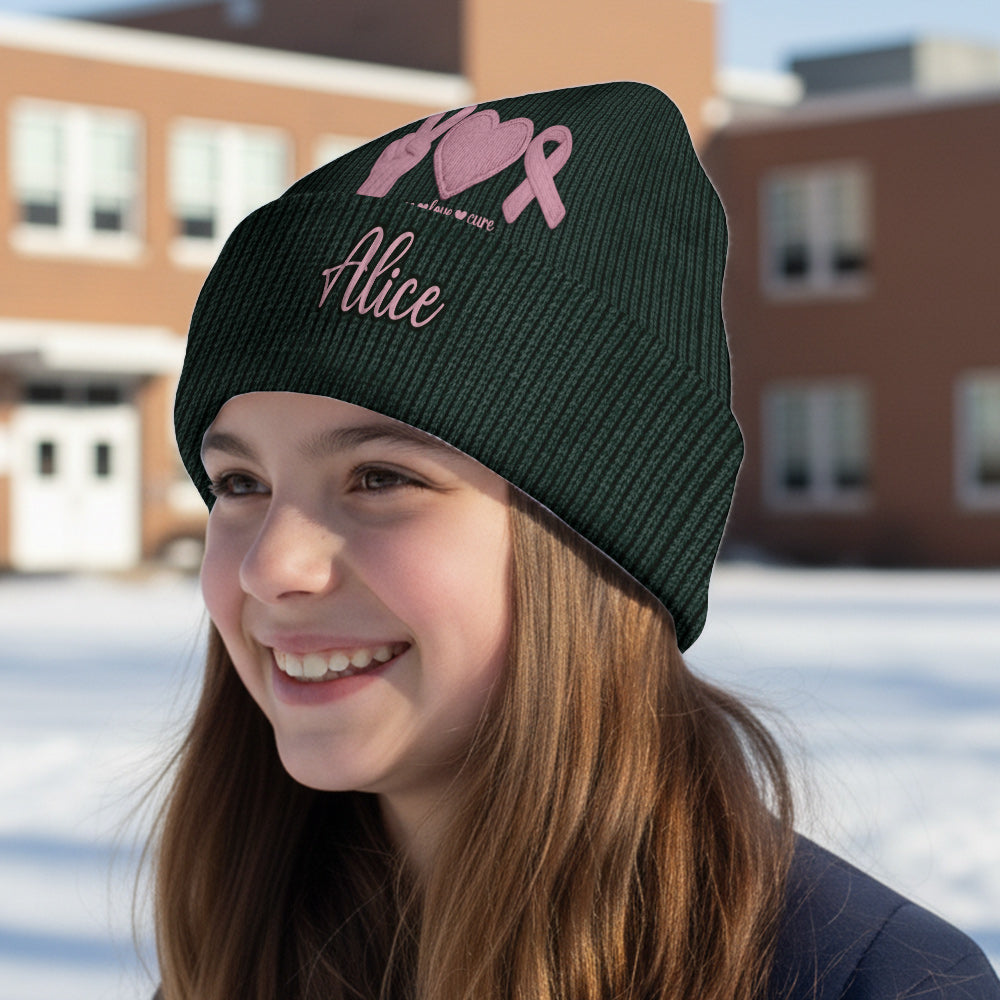 Peace Love Cure Pink Ribbon - Personalized Breast Cancer Awareness Beanie Hat