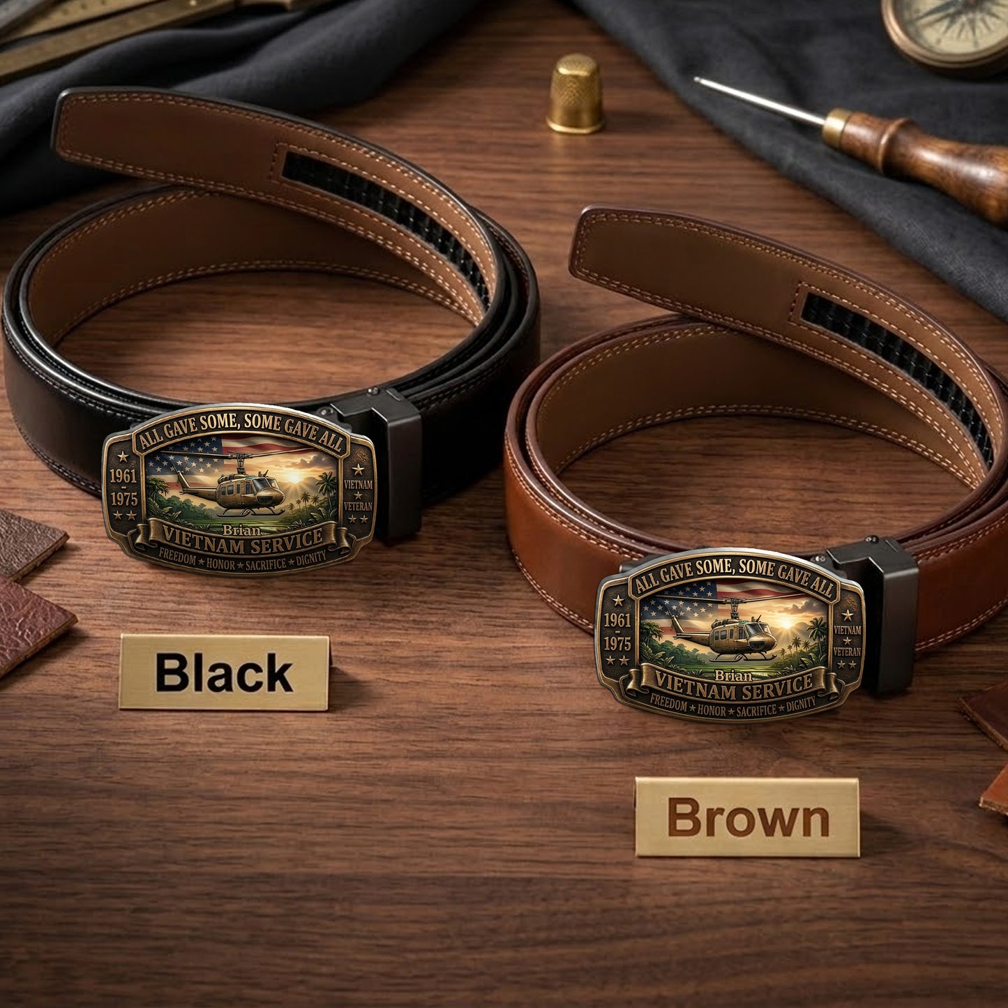 All Gave Some, Some Gave All - Personalized Veteran Leather Belt With Shaped Buckle
