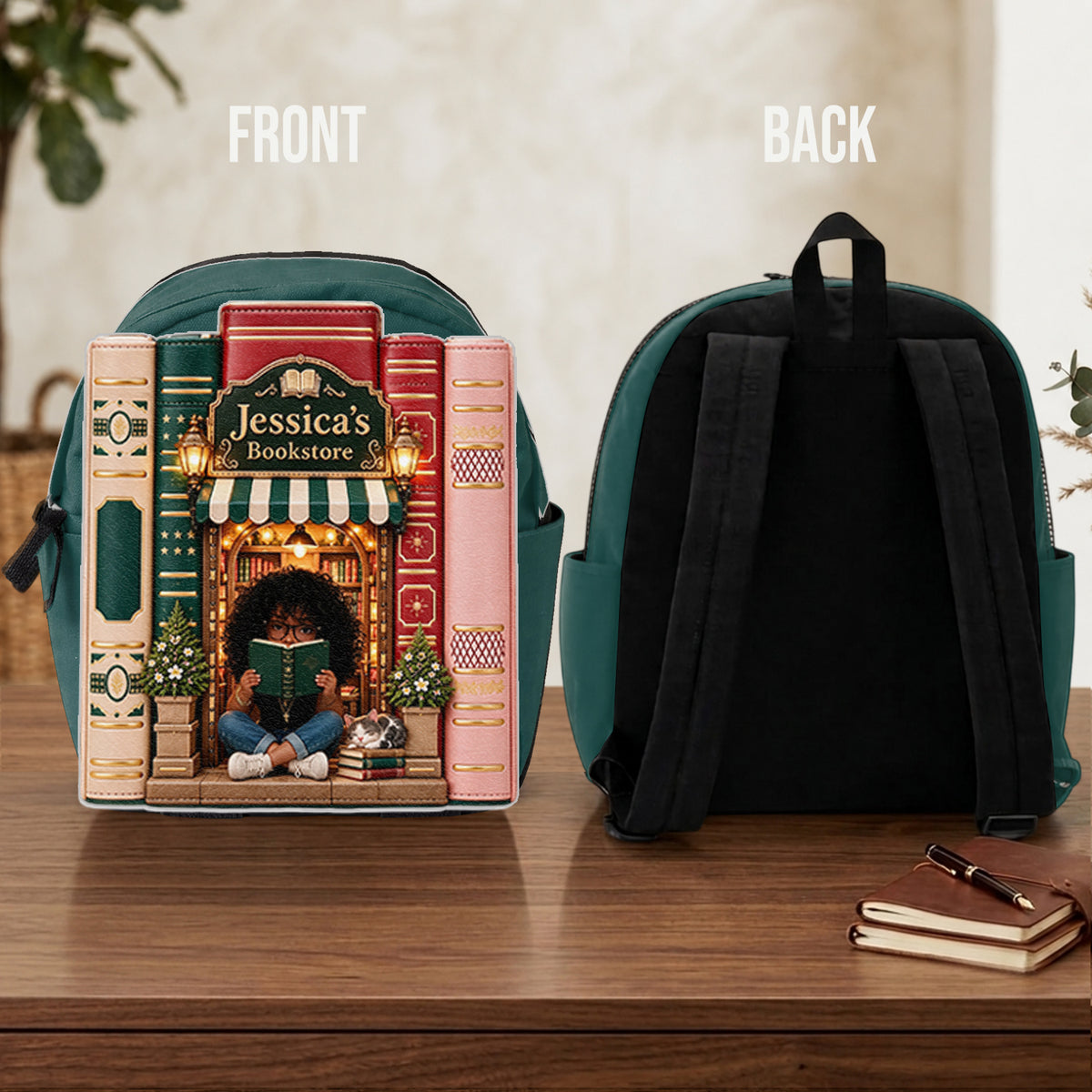 Vintage Stack Bookstore Bag - Personalized Book Changeable Leather Patch Backpack