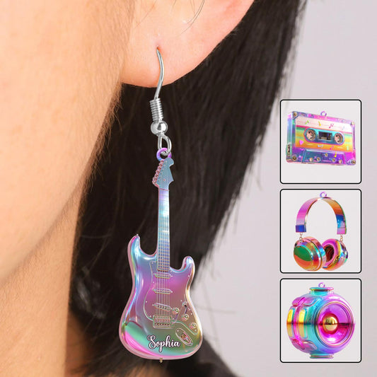Colorful Guitar & Cassette Tape Vintage Hip-Hop Style - Personalized Guitar Earrings