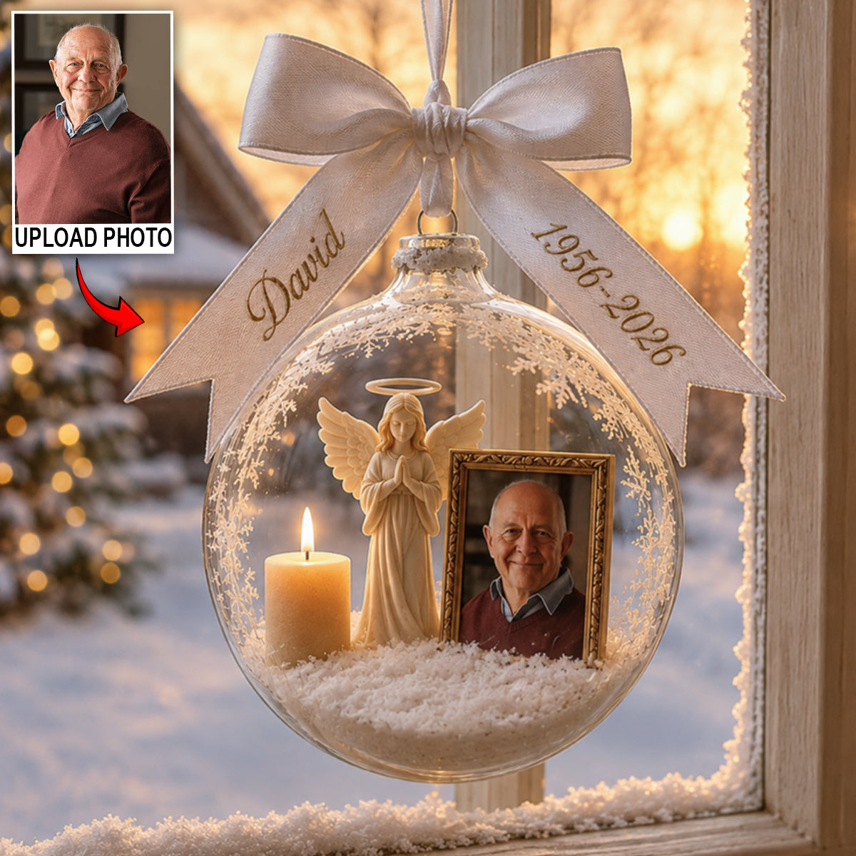 Guardian Angel - Personalized Memorial Snow Globe Ornament With Bow