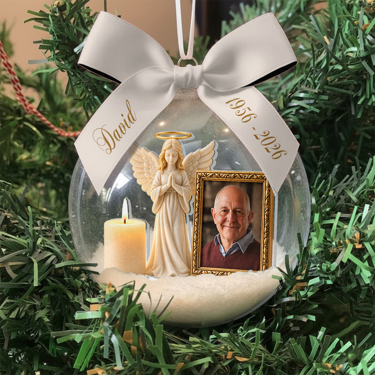 Guardian Angel - Personalized Memorial Snow Globe Ornament With Bow