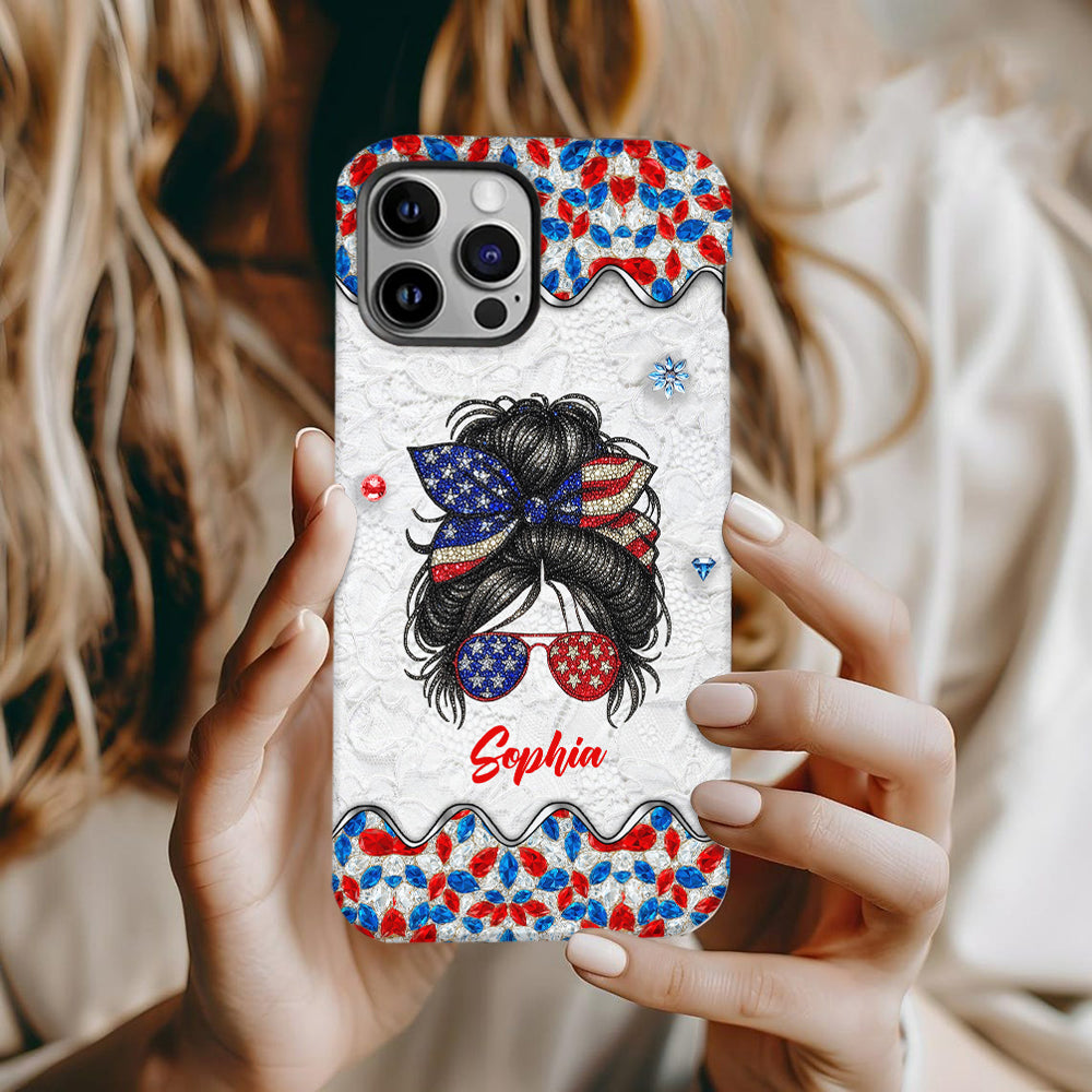 Messy Bun Girl - Personalized Independence Day/ 4th of July Full Print Phone Case