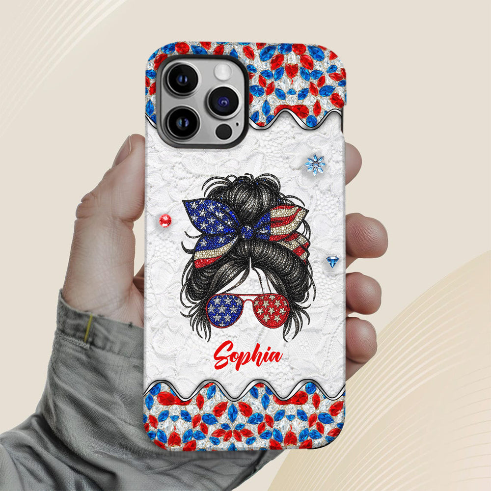 Messy Bun Girl - Personalized Independence Day/ 4th of July Full Print Phone Case