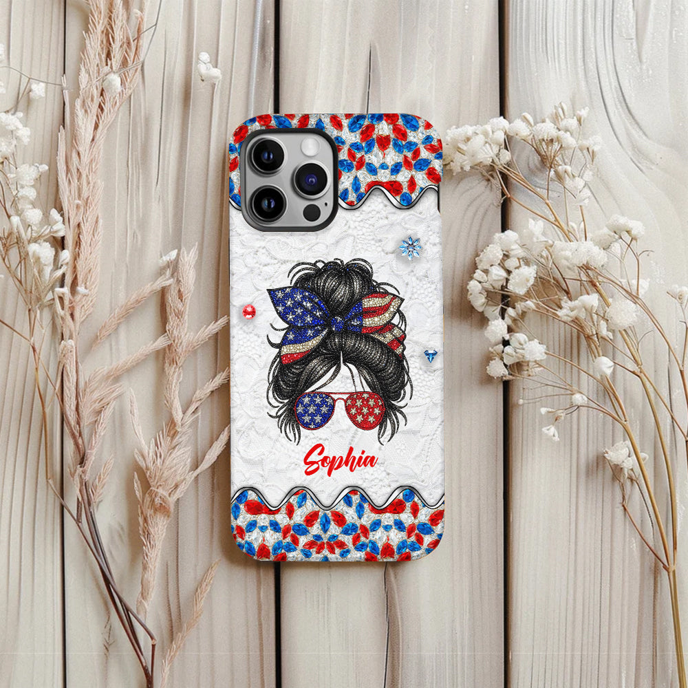 Messy Bun Girl - Personalized Independence Day/ 4th of July Full Print Phone Case