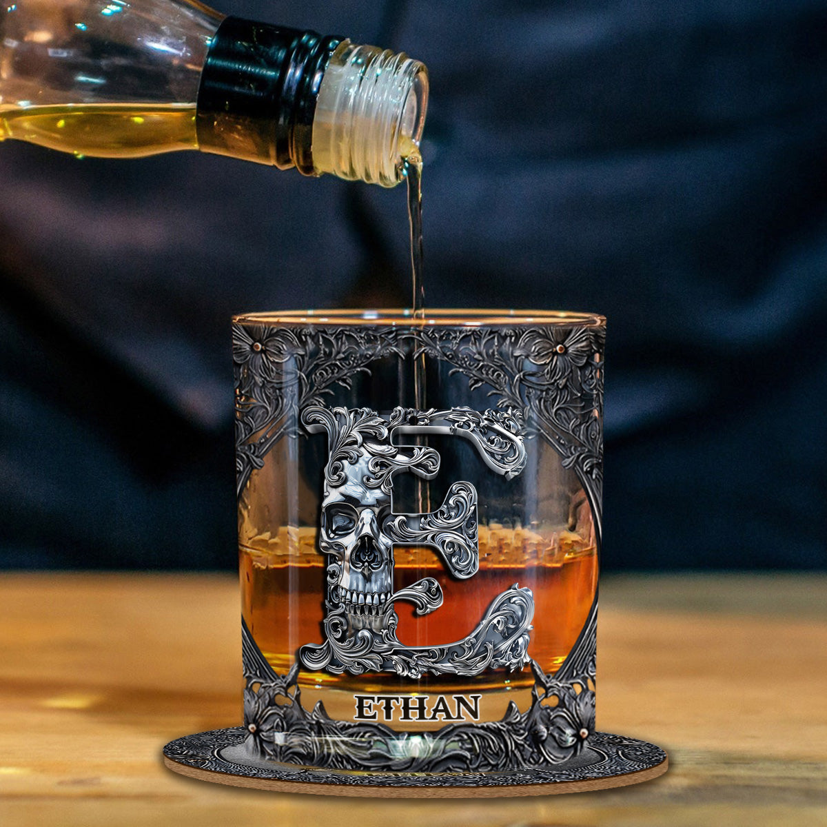 Skull Name Initial Letter - Personalized Skull Whiskey Glass