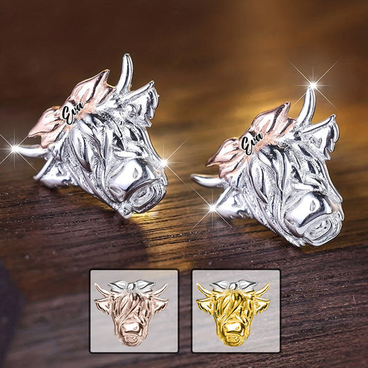 Western Style Bow Bull - Personalized Highland Cow Stud Earrings