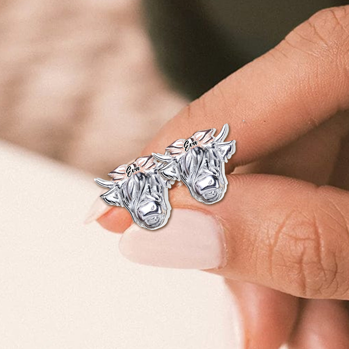 Western Style Bow Bull - Personalized Highland Cow Stud Earrings