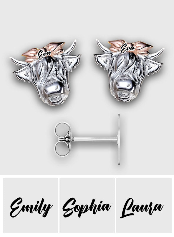 Western Style Bow Bull - Personalized Highland Cow Stud Earrings