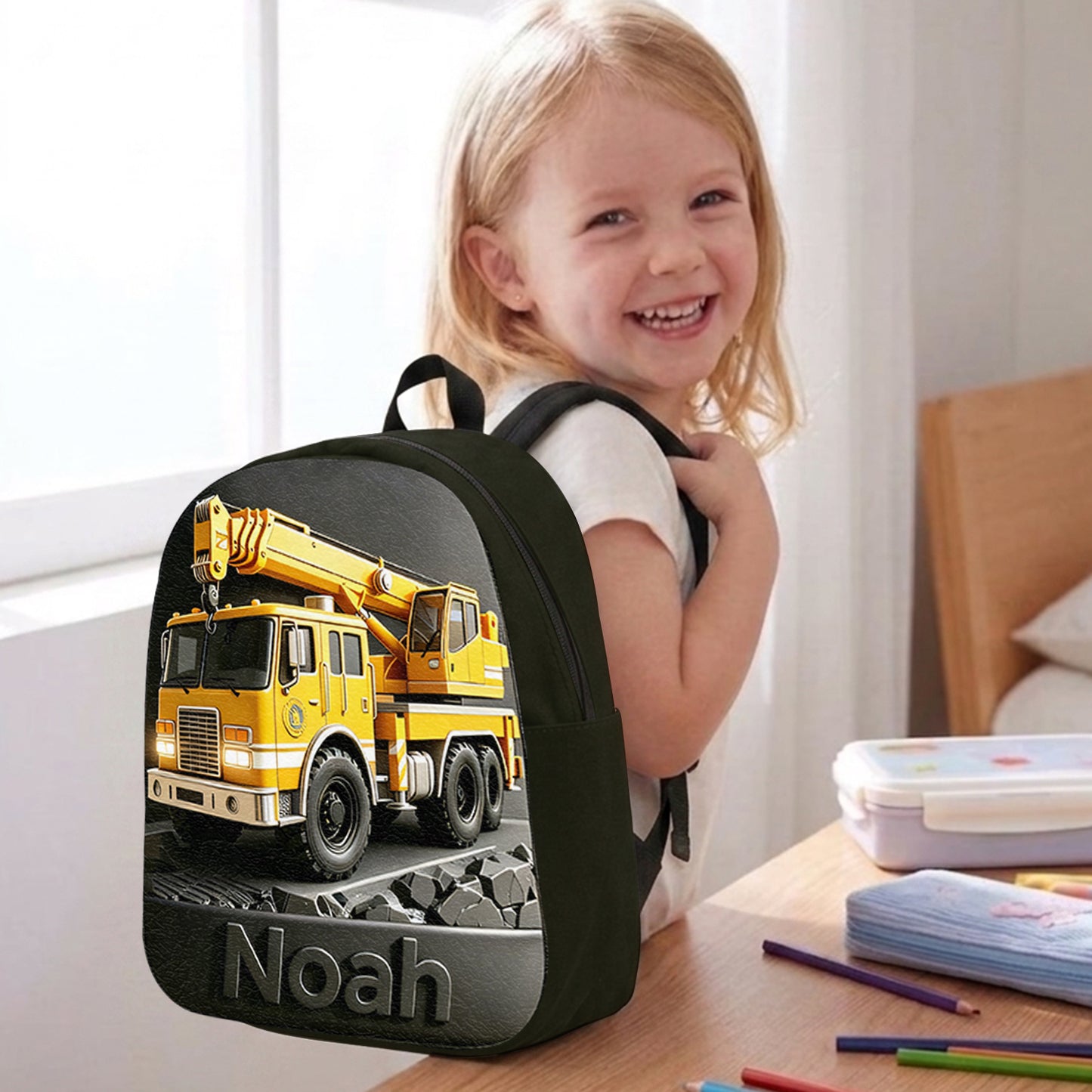 Construction Vehicle, Back To School Gift for Kids - Personalized Kid Changeable Leather Patch Backpack