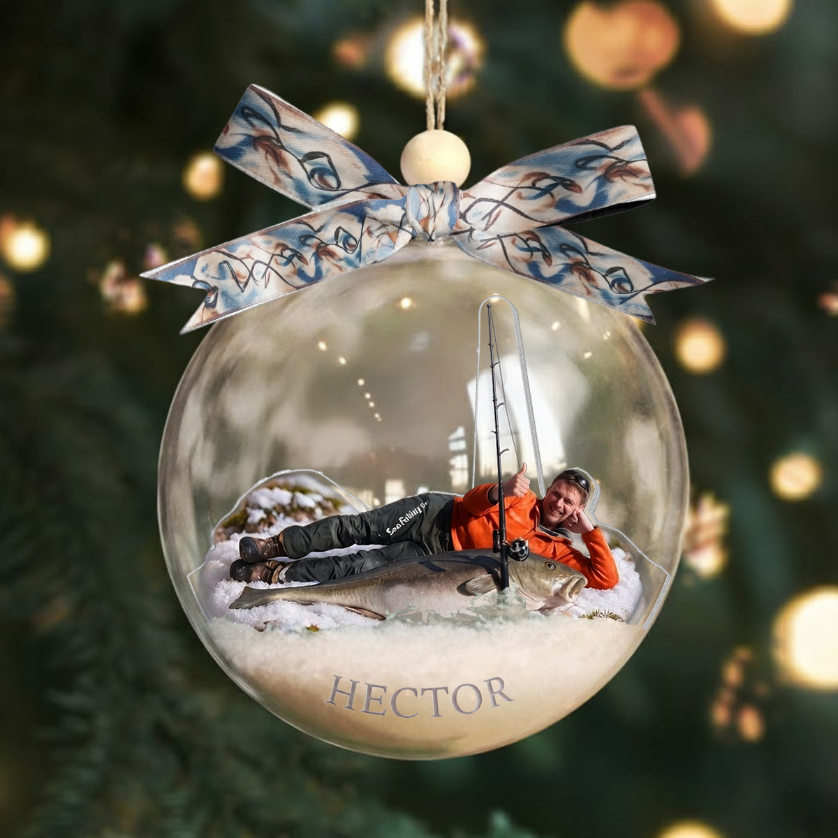 Fisherman Christmas - Personalized Fishing Snow Globe Ornament With Bow