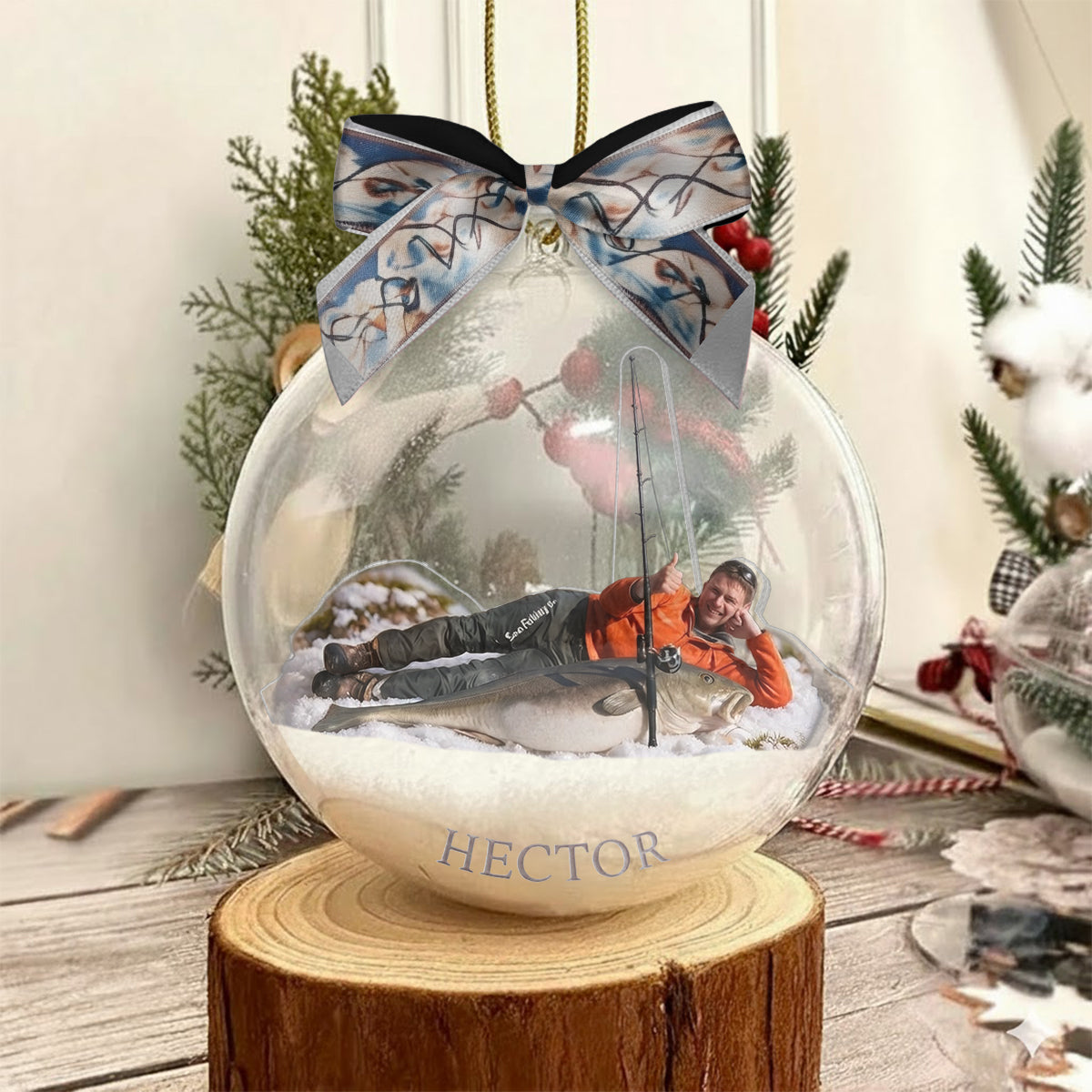 Fisherman Christmas - Personalized Fishing Snow Globe Ornament With Bow