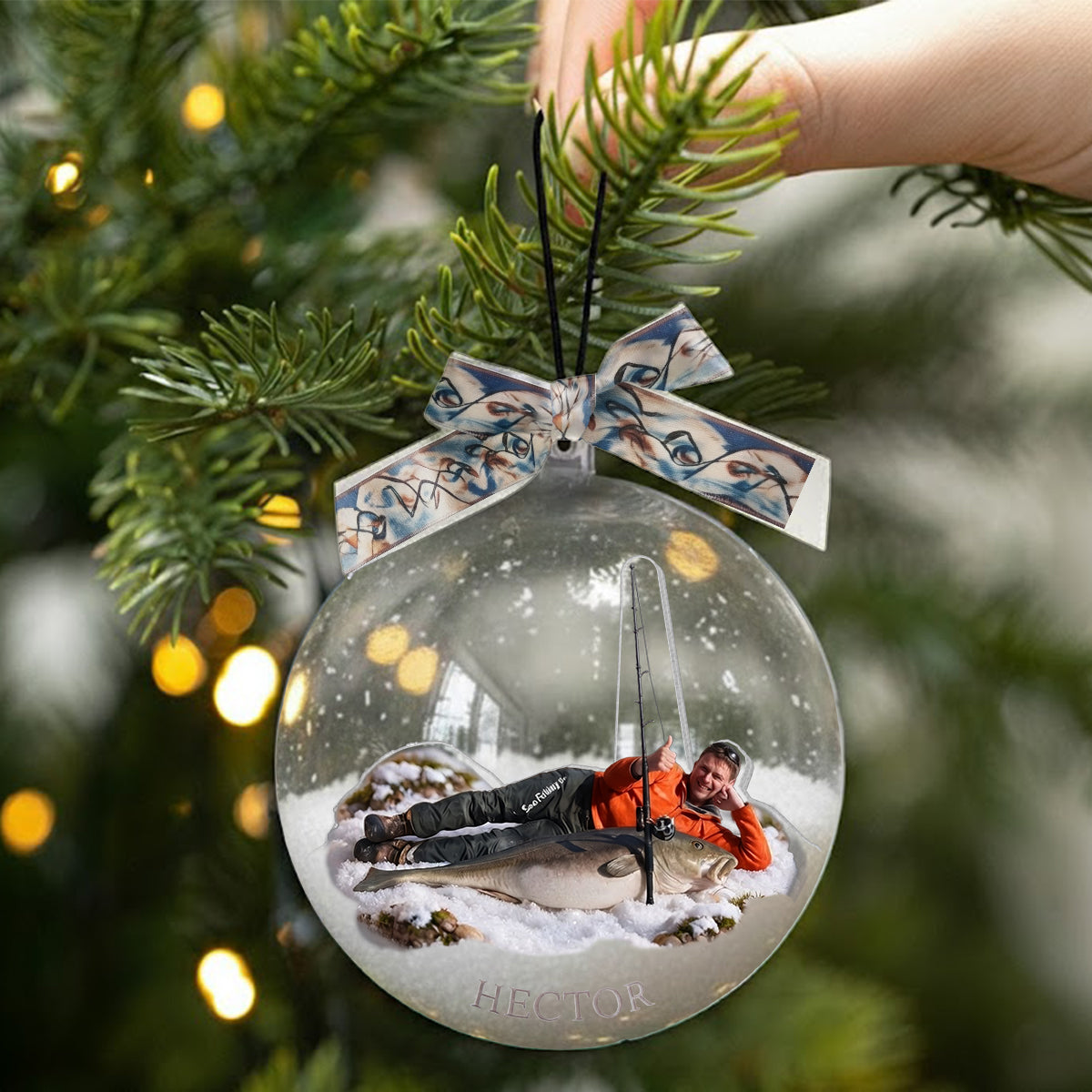 Fisherman Christmas - Personalized Fishing Snow Globe Ornament With Bow