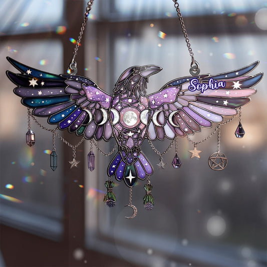 Moon Phrase Raven Window Decor - Personalized Witch Window Hanging Suncatcher Ornament