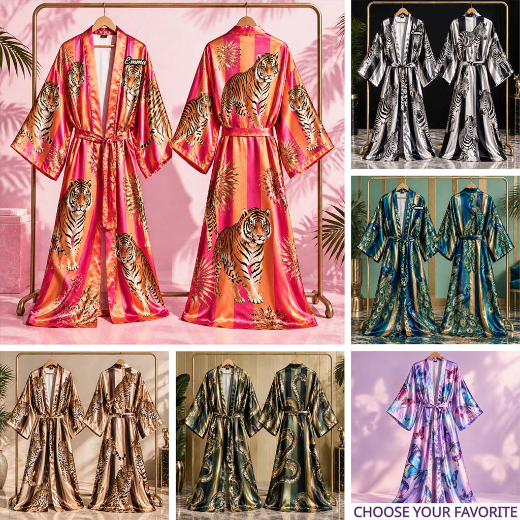 Tiger, Leopard, Butterfly, Peacock, Zebra, Snake Printed Style Robe - Personalized Self Love Satin Robe