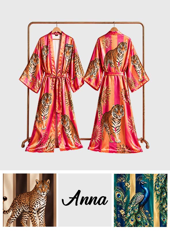 Tiger, Leopard, Butterfly, Peacock, Zebra, Snake Printed Style Robe - Personalized Self Love Satin Robe