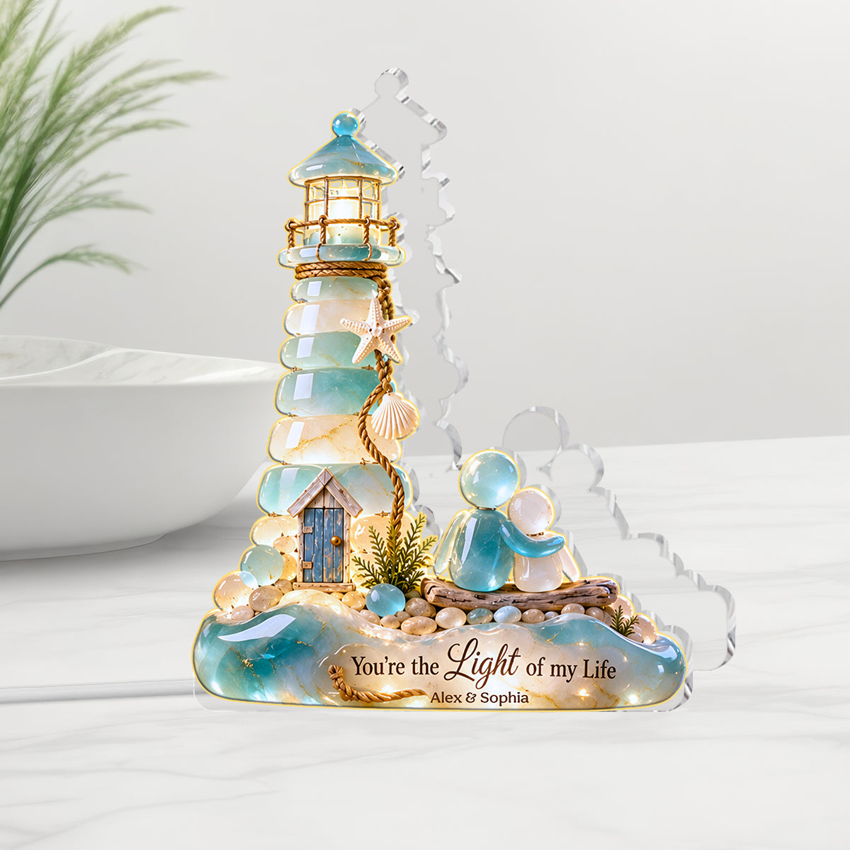 Lighthouse Couple Natural Stone - Personalized Couple Acrylic LED Night Light