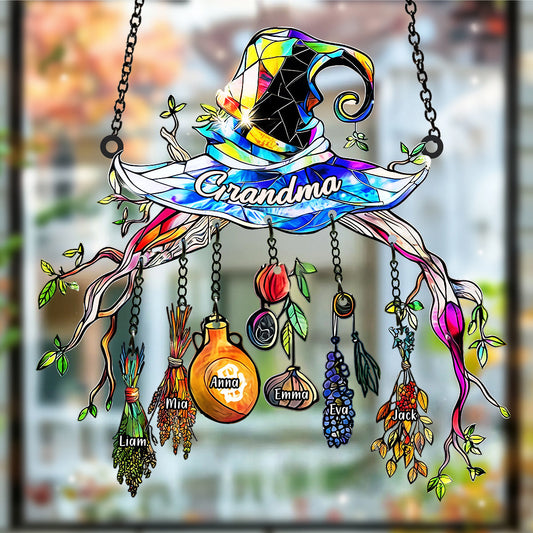 Grandma Mom Witch Hat - Personalized Grandma Window Hanging Suncatcher With Custom Charms