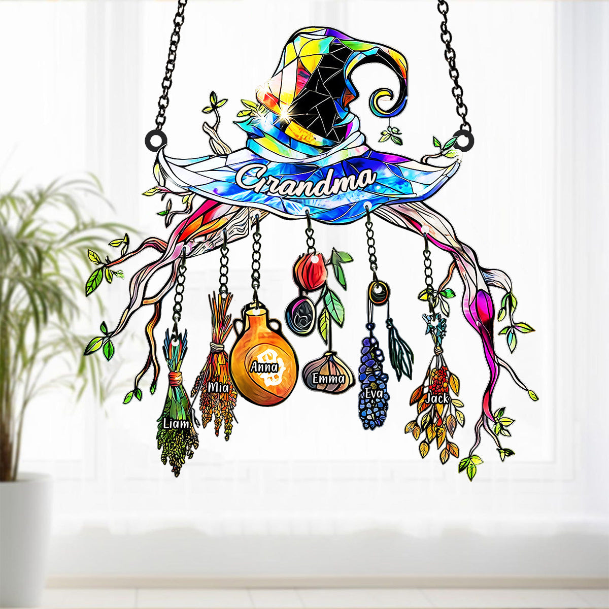 Grandma Mom Witch Hat - Personalized Grandma Window Hanging Suncatcher With Custom Charms