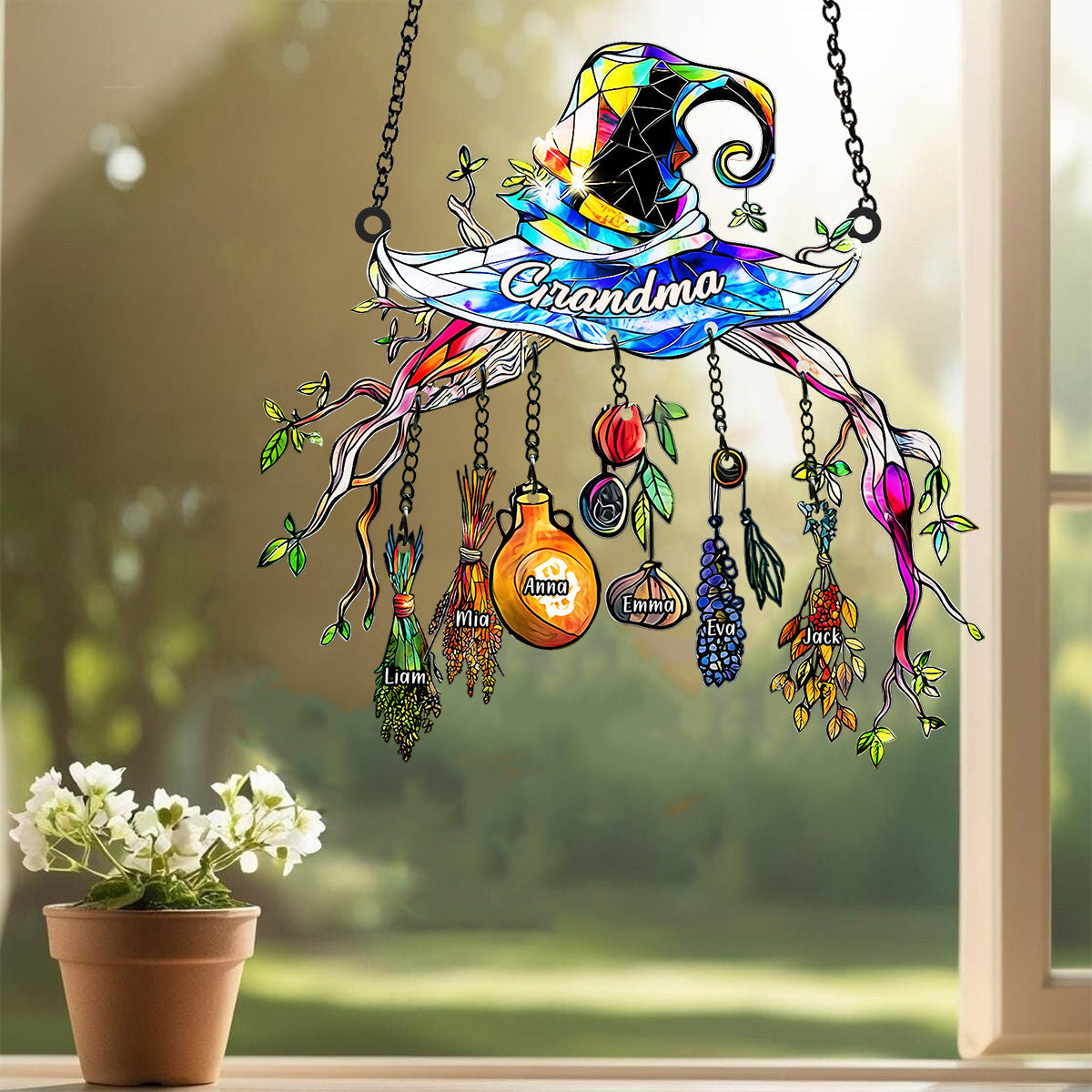 Grandma Mom Witch Hat - Personalized Grandma Window Hanging Suncatcher With Custom Charms