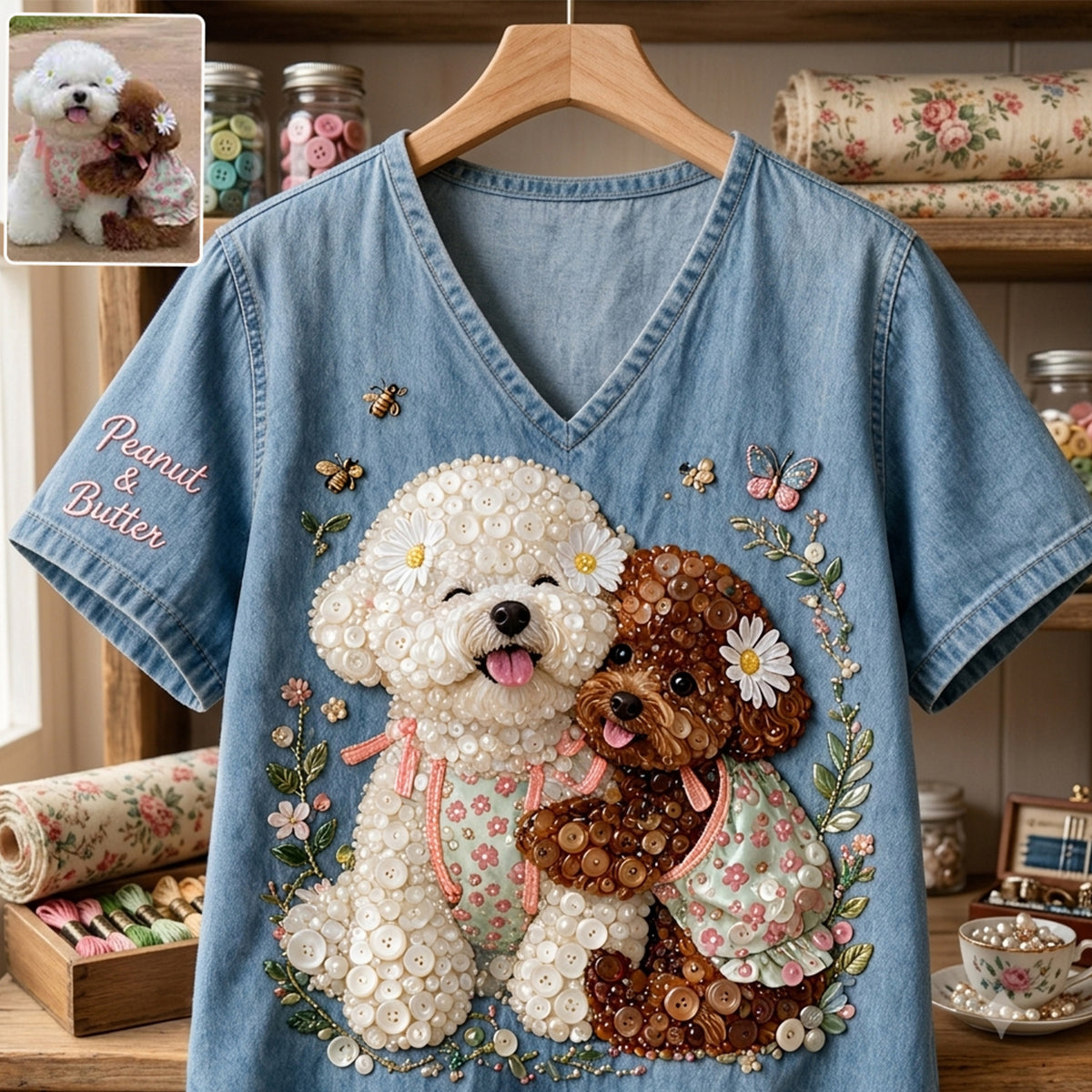 Button Mosaic Art Styled Shirt for Pet Lovers - Personalized Dog Fully Printed V-Neck T-Shirt