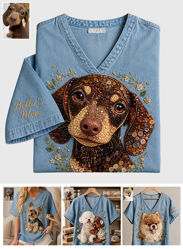 Button Mosaic Art Styled Shirt for Pet Lovers - Personalized Dog Fully Printed V-Neck T-Shirt