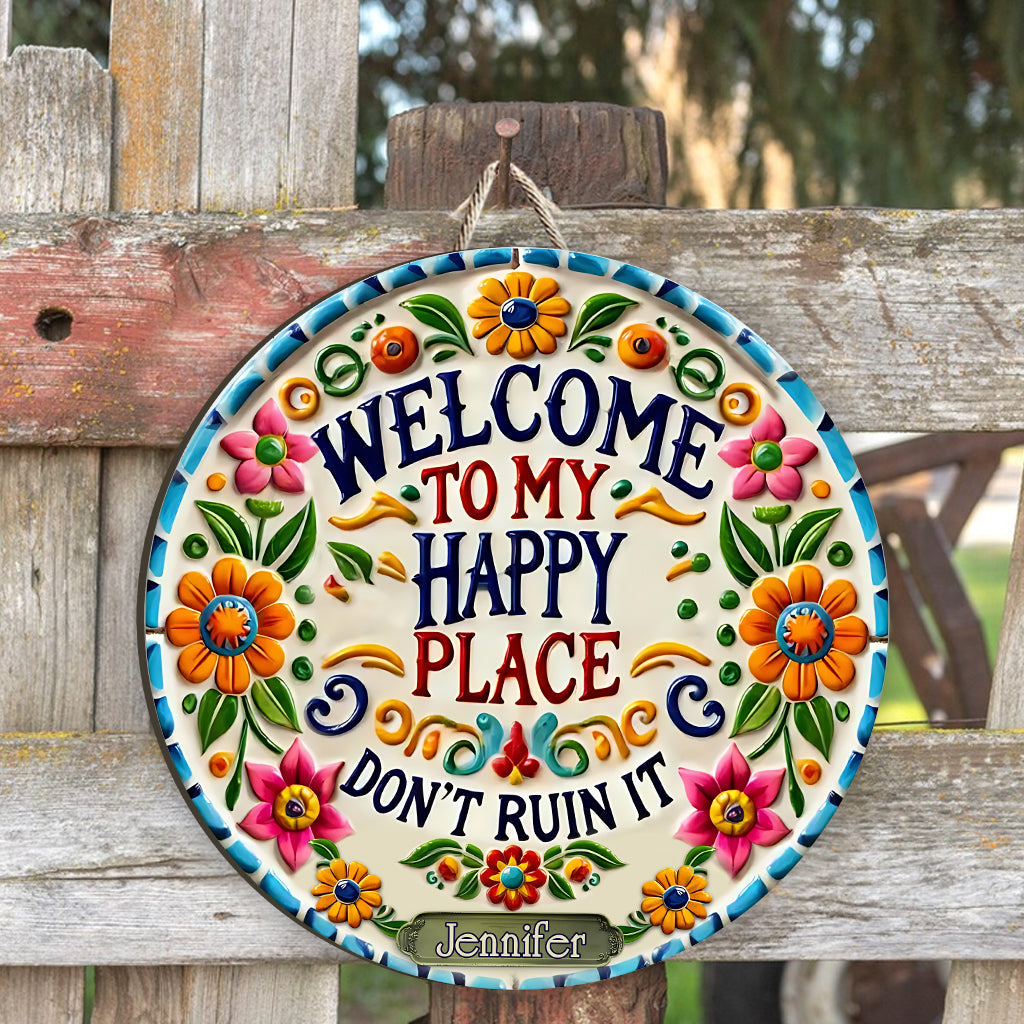 Welcome To My Happy Place - Personalized Hippie Custom Shaped Wood Sign
