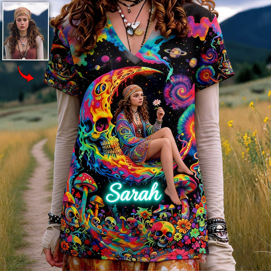 Custom Any Photo Hippie Skull Psychedelic - Personalized Hippie Fully Printed V-Neck T-Shirt