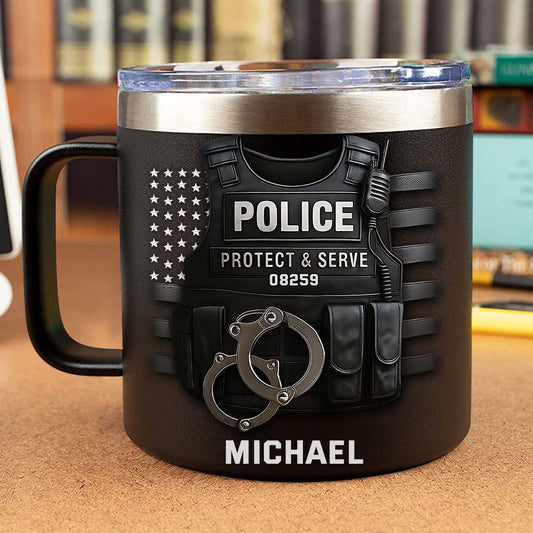 Protect And Serve - Personalized Police Officer Insulated Coffee Mug Travel Tumbler