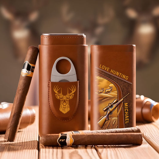 Love Hunting Gift For Dad Grandpa Husband - Personalized Hunting Leather Cigar Humidor Case