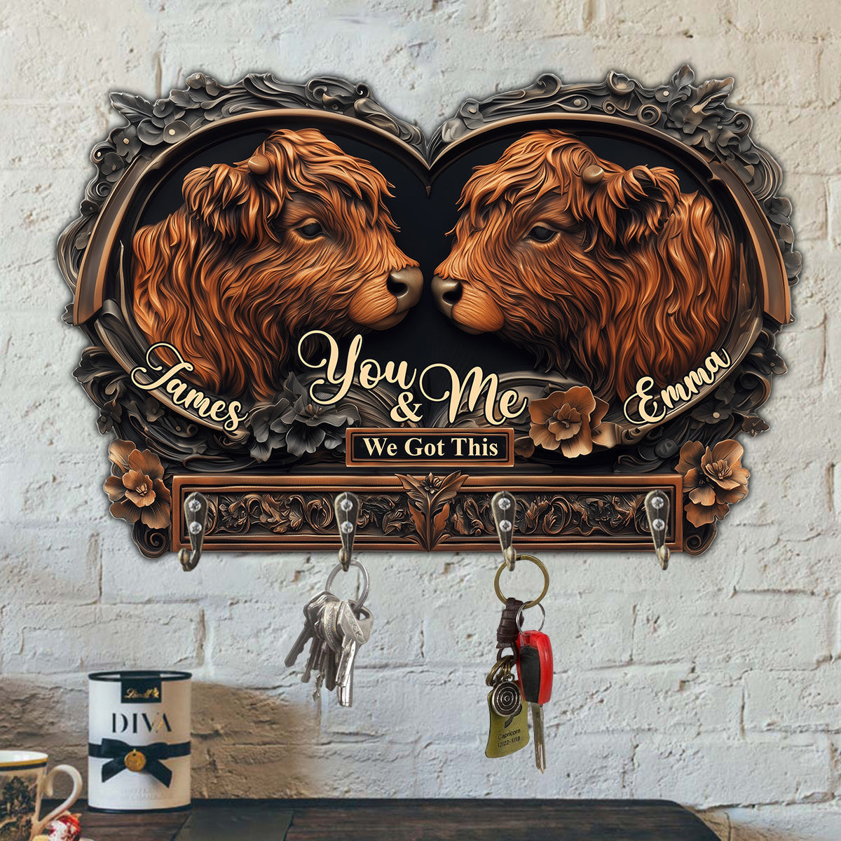 You & Me - Personalized Highland Cow Custom Shaped Key Rack
