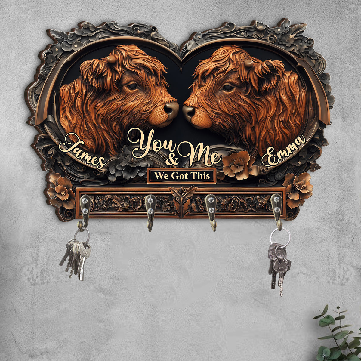 You & Me - Personalized Highland Cow Custom Shaped Key Rack