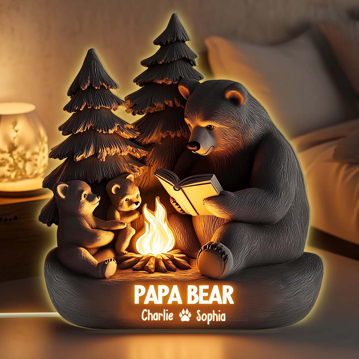 Papa Bear in Woodland - Personalized Father Shaped Light Box