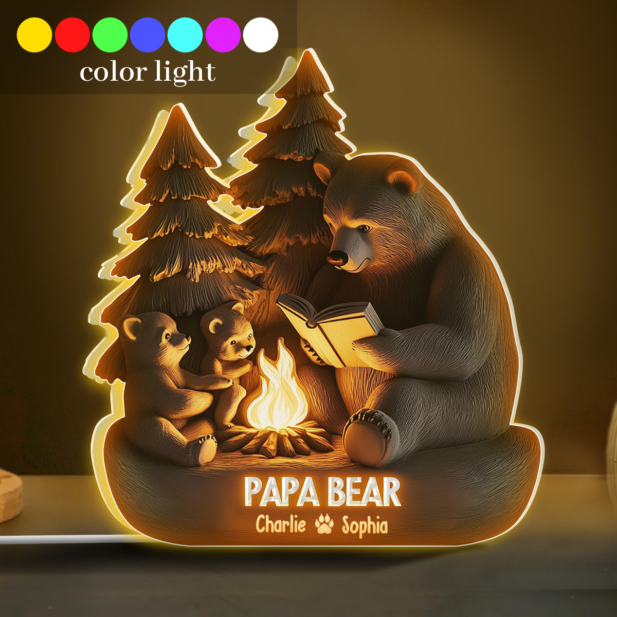 Papa Bear in Woodland - Personalized Father Shaped Light Box