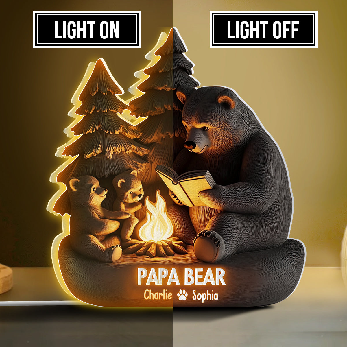 Papa Bear in Woodland - Personalized Father Shaped Light Box