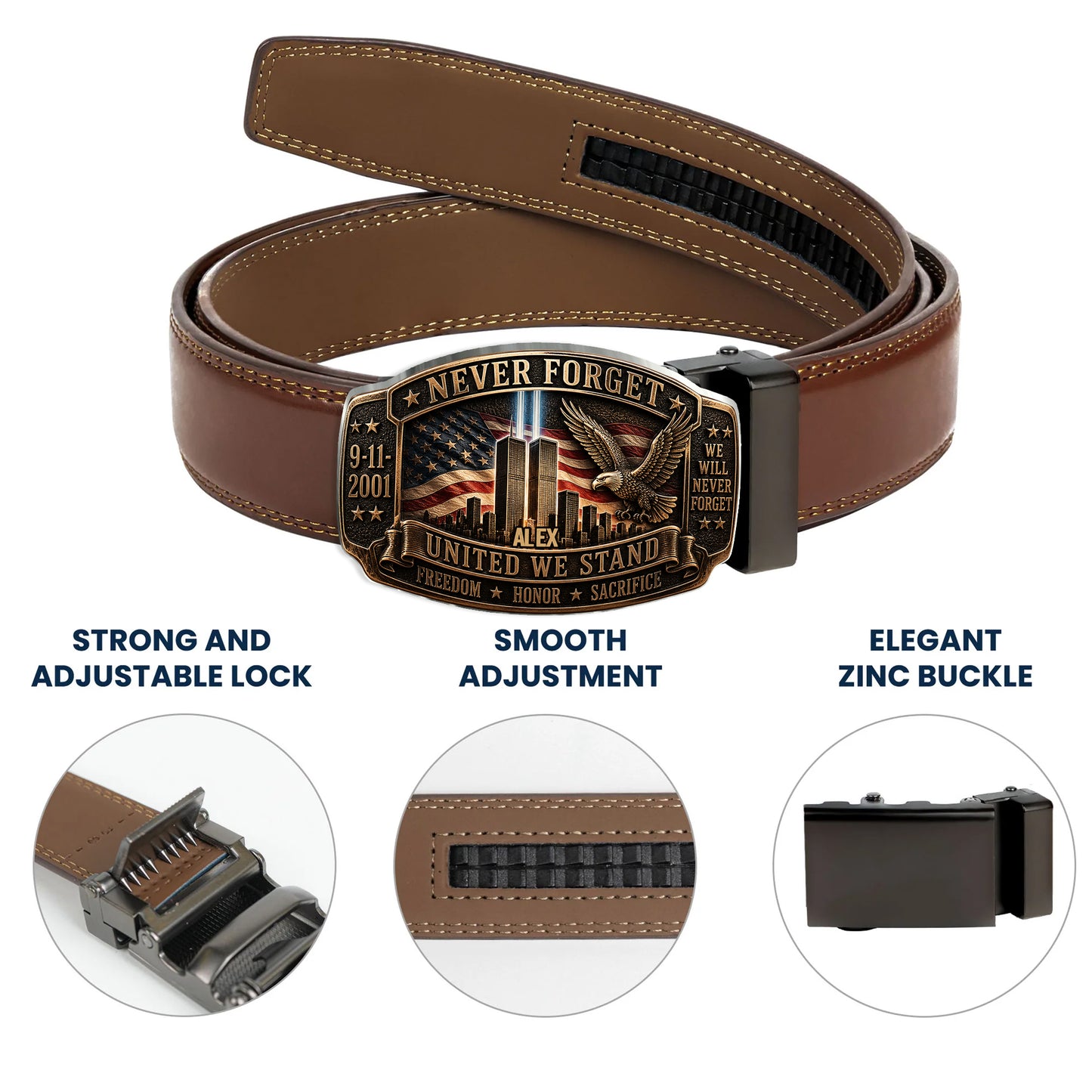 Never Forget - Personalized Patriot Leather Belt With Shaped Buckle